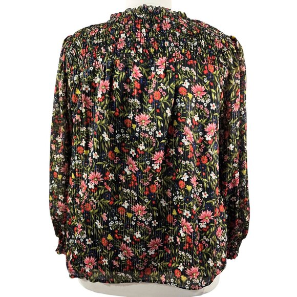 Old Navy Smocked Dark Floral Shine Blouse Chiffon Shimmering Ditsy Romantic - Picture 2 of 10